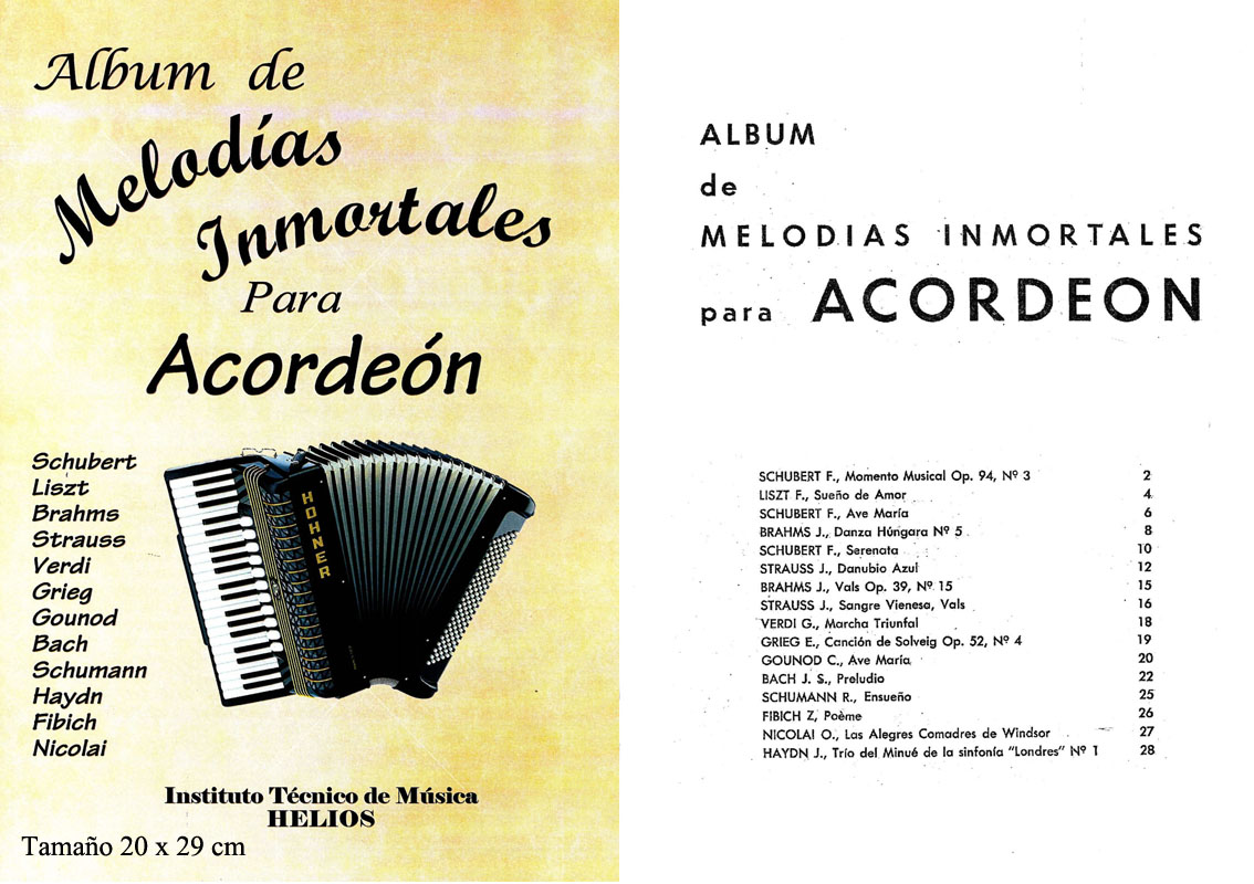 Portada e índice de Álbum de Melodías Inmortales para Acordeón