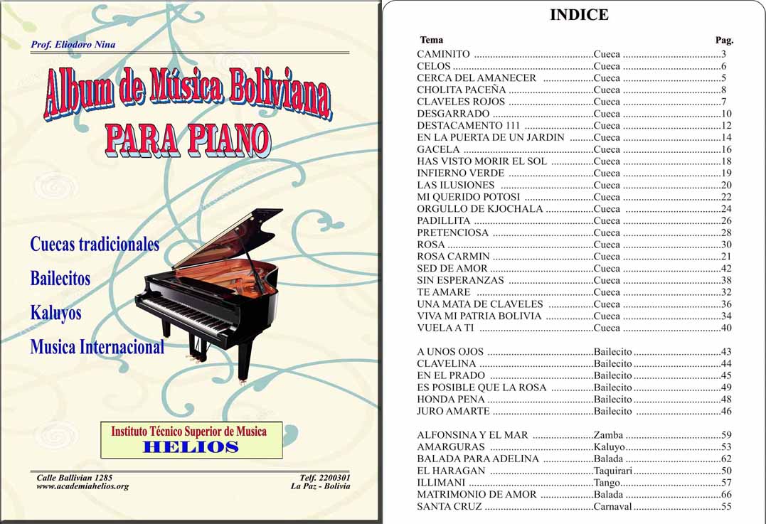 Portada e índice de Álbum de Música Boliviana para Piano