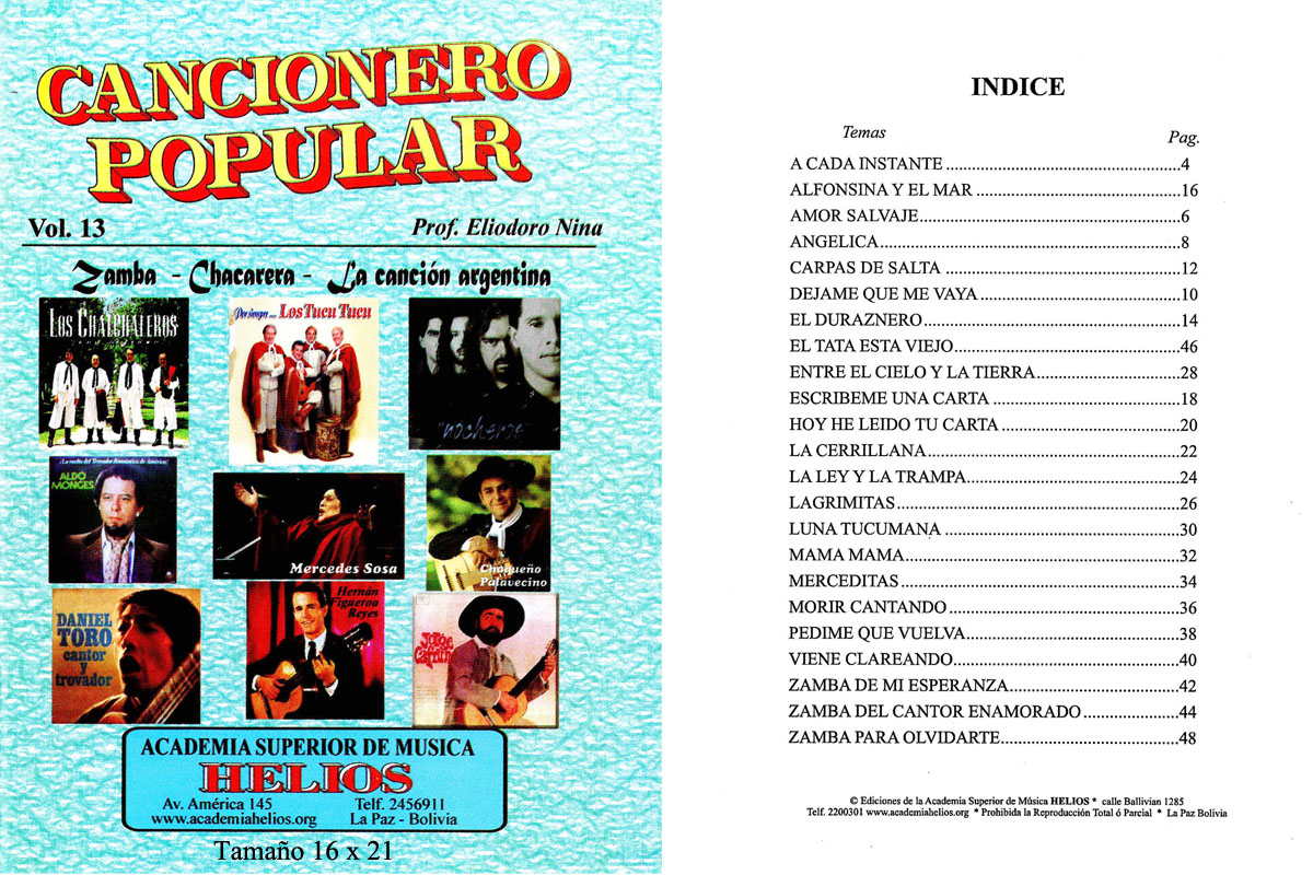 Portada e índice de Cancionero Popular · Vol. 13