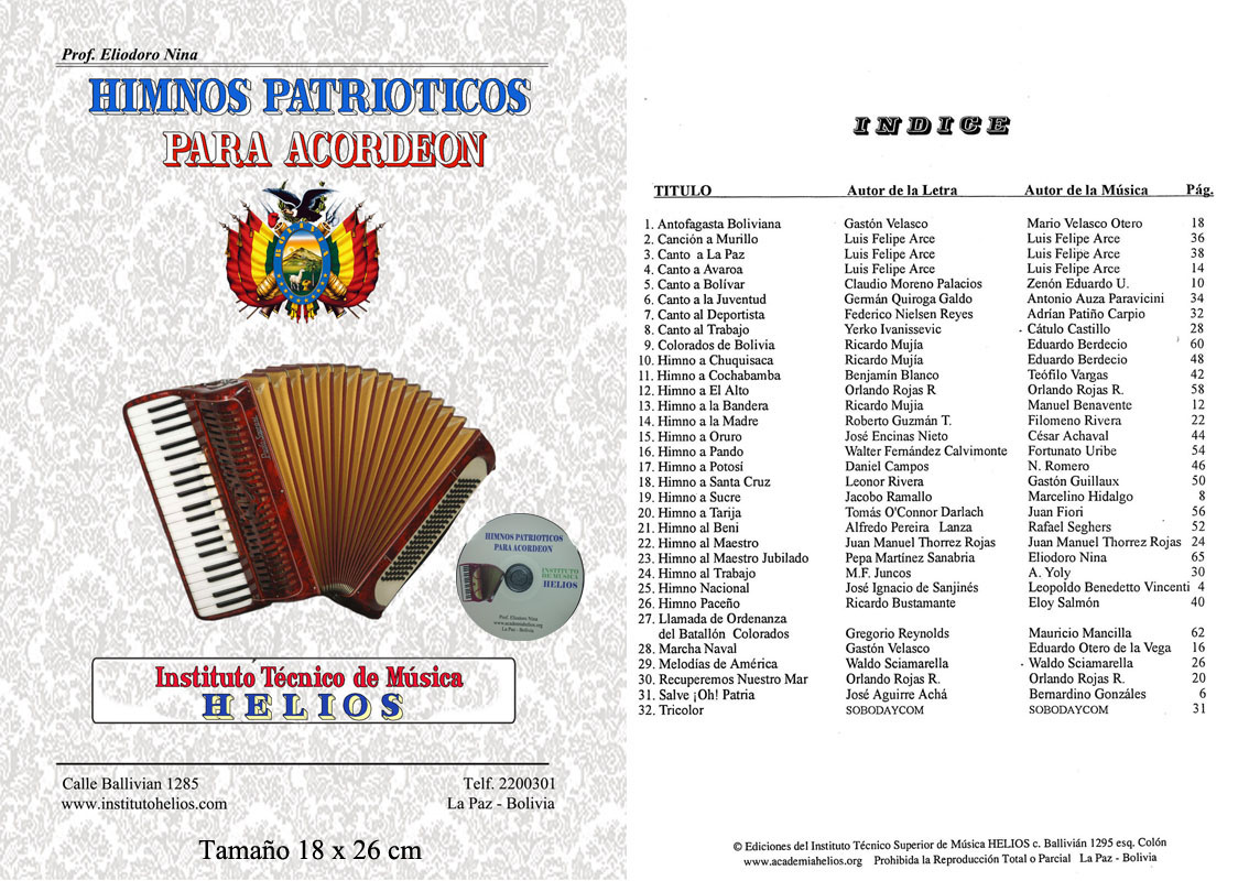 Portada e índice de Himnos Patrióticos para Acordeón