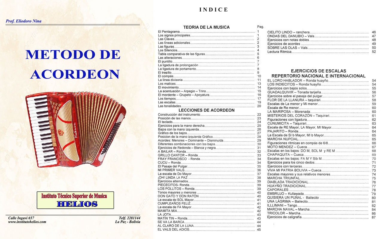 Portada e índice de Método de Acordeón
