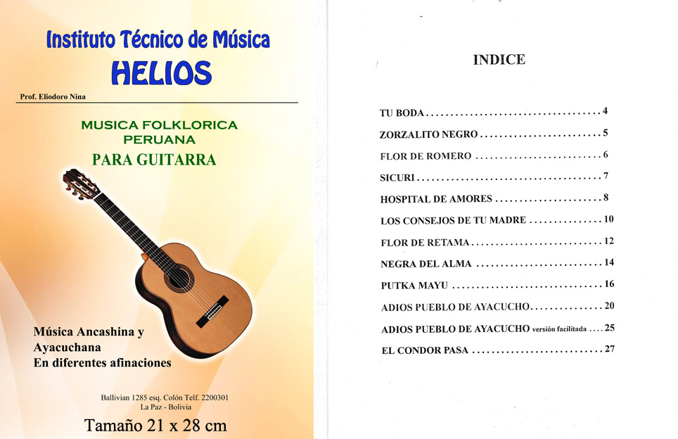 Portada e índice de Música Folklórica Peruana para Guitarra