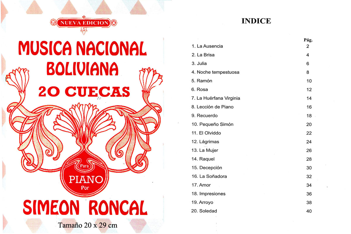 Portada e índice de Música Nacional Boliviana: 20 Cuecas