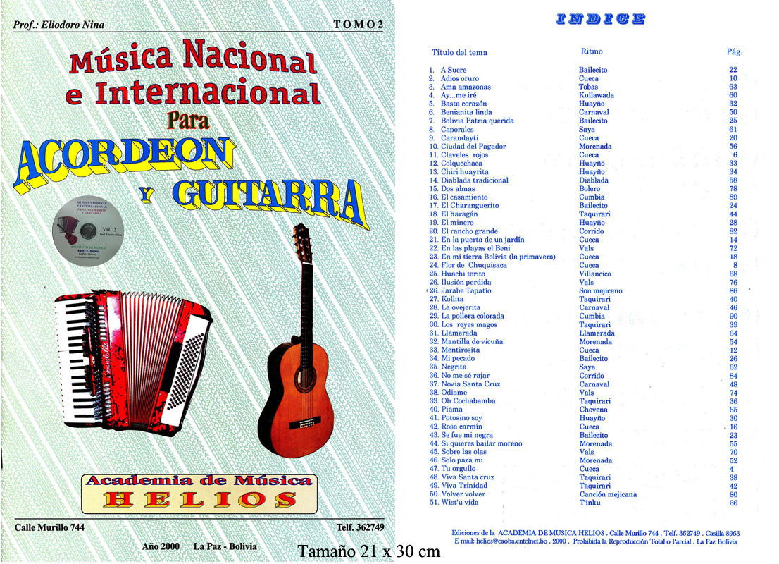 Portada e índice de Música Nacional e Internacional para Acordeón y Guitarra · Vol. 2