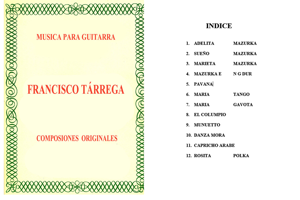 Portada e índice de Música para Guitarra: Composiciones Originales
